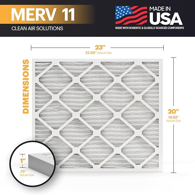 BNX TruFilter 20x23x1 Air Filter MERV 11 (2-Pack)- MADE IN USA - Allergen Defense Electrostatic Pleated Air Conditioner HVAC AC Furnace Filters for Allergies, Dust, Pet, Smoke, Allergy MPR 1200 FPR 7