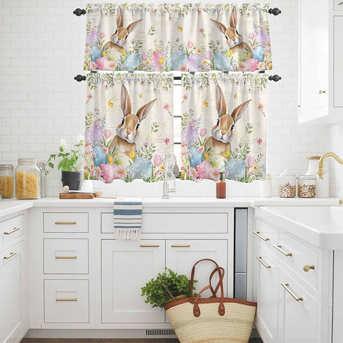 Kitchen Curtains Tiers and Valance Set of 3, Easter Light Filtering Window Curtain Set, Pastoral Spring Bunny Eggs Botanical Flowers Leaf Rod Pocket Curtain Drapes for Living Room, 36 Inches Tiers