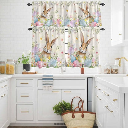 Kitchen Curtains Tiers and Valance Set of 3, Easter Light Filtering Window Curtain Set, Pastoral Spring Bunny Eggs Botanical Flowers Leaf Rod Pocket Curtain Drapes for Living Room, 36 Inches Tiers