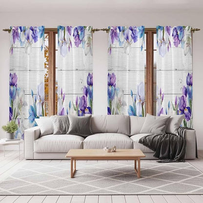 Spring Flowers Kitchen Curtains, Watercolor Garden Florals Wooden Grain Light Filtering Window Curtain Panels, 2Pcs Rod Pocket Window Treatments Set for Living Room Bathroom Bedroom 52x72 Inches
