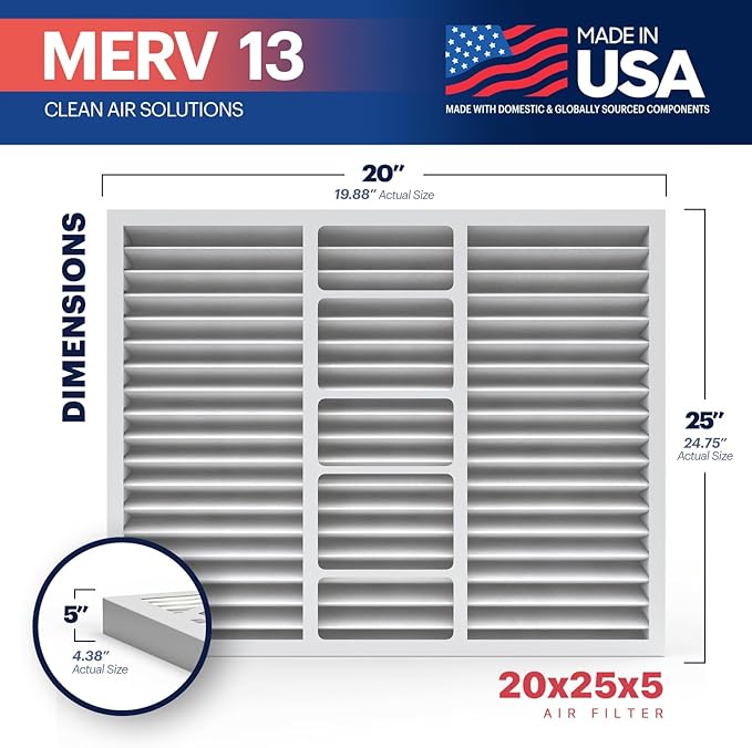 BNX TruFilter 20x25x5 (19.88’’ x 24.88’’ x 4.38‘’ Honeywell Compatible 4”) MERV 13 Air Filter (2-Pack) - MADE IN USA - HVAC AC Furnace Filters Health, Allergies, Mold, Bacteria, Smoke, MPR 1900 FPR 10