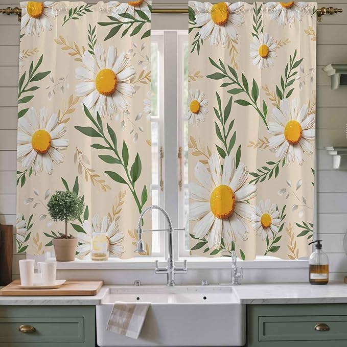 Spring Daisy Kitchen Curtains, Country Watercolor Flower Leaf Plant Light Filtering Window Curtain Panels, 2Pcs Rod Pocket Window Treatments Set for Living Room Bathroom Bedroom 42x63 Inches