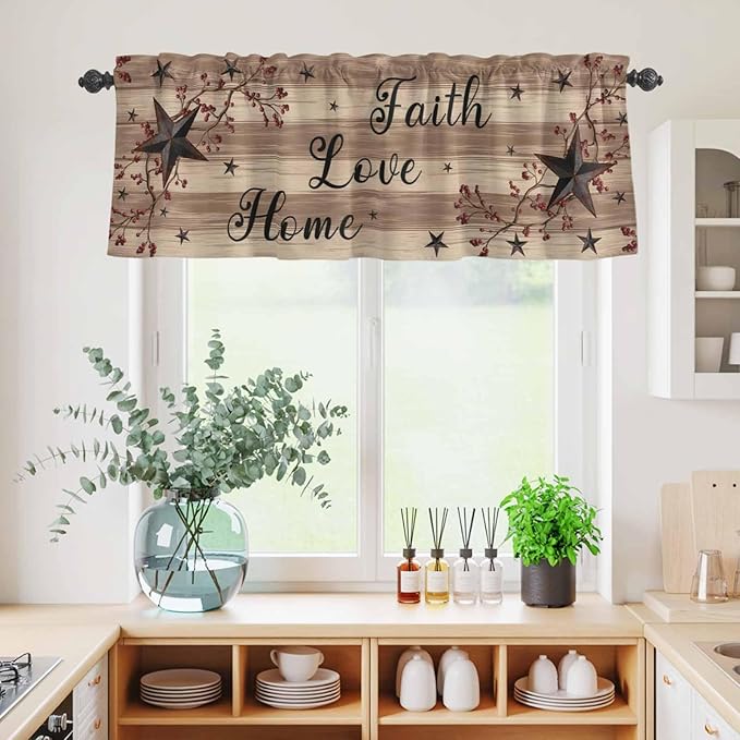 Kitchen Curtains Tiers and Valance Set of 3, Farmhouse Star Brown Light Filtering Window Curtain Set, Retro Branches Berry Wooden Grain Rod Pocket Curtain Drapes for Cafe, Living Room, 24 Inches Tiers