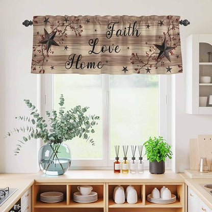 Kitchen Curtains Tiers and Valance Set of 3, Farmhouse Star Brown Light Filtering Window Curtain Set, Retro Branches Berry Wooden Grain Rod Pocket Curtain Drapes for Cafe, Living Room, 24 Inches Tiers