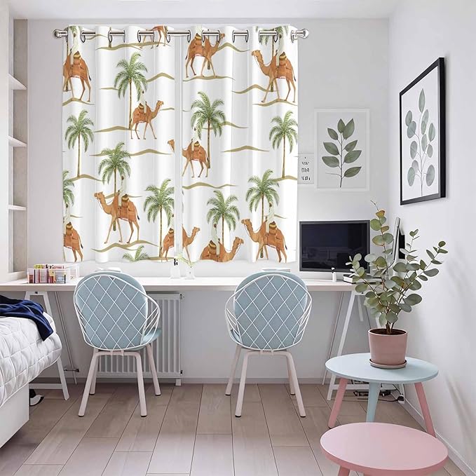 2 Panel Kitchen Cafe Curtains, Desert Camels Sunlight Filtering Nature Air Through, Home Decor Window Covering Tier Curtains for Bedroom Living Room 104W x 72L inch Tropical Date Palm Trees Animal