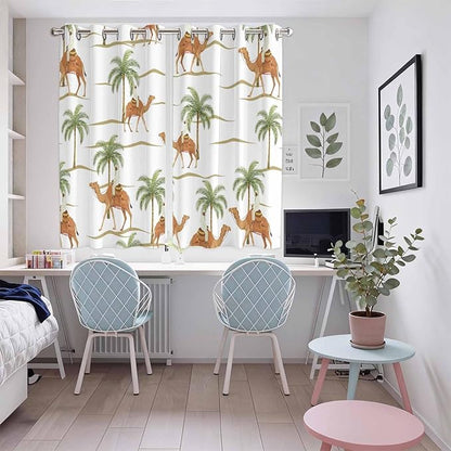 2 Panel Kitchen Cafe Curtains, Desert Camels Sunlight Filtering Nature Air Through, Home Decor Window Covering Tier Curtains for Bedroom Living Room 104W x 72L inch Tropical Date Palm Trees Animal