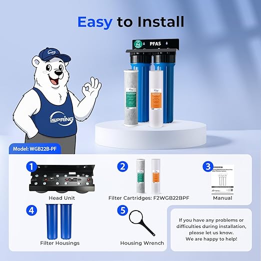 iSpring PFAS-Reducing Whole House Water Filter System, Also Removes Chlorine, Sediment, Rust, and Odor, SGS-Tested Reducing up to 99% of PFAS, 1” Inlet/Outlet, Model: WGB22B-PF