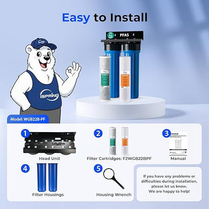 iSpring PFAS-Reducing Whole House Water Filter System, Also Removes Chlorine, Sediment, Rust, and Odor, SGS-Tested Reducing up to 99% of PFAS, 1” Inlet/Outlet, Model: WGB22B-PF