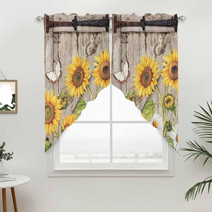 Farmhouse Sunflowers Swag Valances for Windows, Rustic Barn Doors Flowers Butterfly Wooden Rod Pocket Kitchen Curtains Valance, Kitchen Window Curtains Swag for Cafe Living Room, 2 Panels, 36x63 inch
