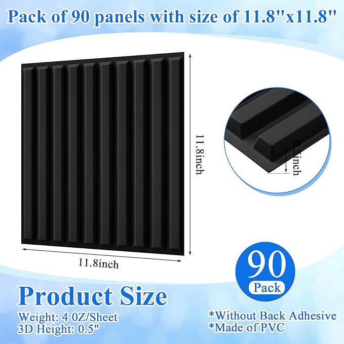 Nuanchu 90 Pcs 3D Slat Wall Panels, 12"x12" PVC Fluted Wall Paneling for Interior Decor, Paintable Waterproof Textured Tiles for Living Room TV Background Gaming Room, 32 Sq. ft Coverage (Black)