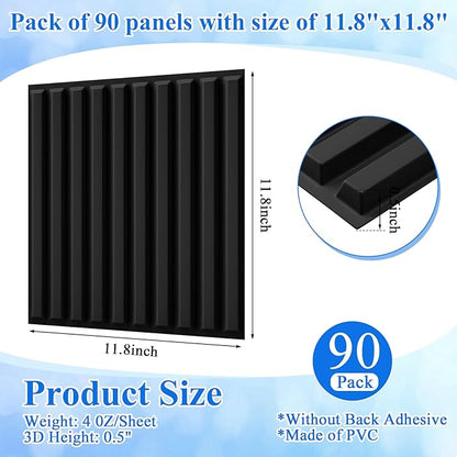 Nuanchu 90 Pcs 3D Slat Wall Panels, 12"x12" PVC Fluted Wall Paneling for Interior Decor, Paintable Waterproof Textured Tiles for Living Room TV Background Gaming Room, 32 Sq. ft Coverage (Black)