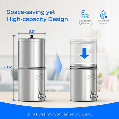 Waterdrop Gravity Water Filter, 2.25G Stainless-Steel System with Silver Ions Enhanced Filtration with 2 Black Carbon Filters, NSF/ANSI 42&372 Standard, Reduces Chlorine for Emergencies