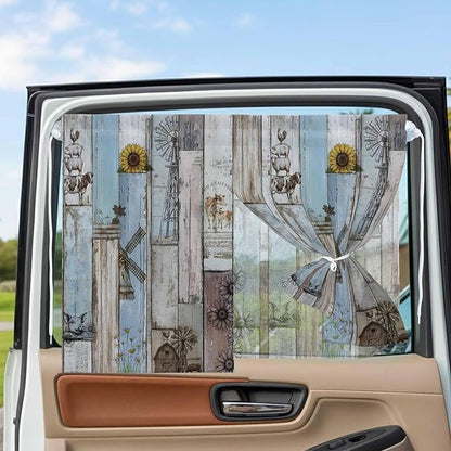 Blue Grey Wooden Magnetic Double Layer Car Window Shades,Side Window Curtains for Blackout/Breathable Mesh View,Farmhouse Barn Sunflowers Retro Privacy Sun Shades for Heat/UV Protection 26x20in 1pcs