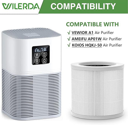 2 Pack A1 Replacement Filter Compatible with VEWIOR Air Purifier HQSC-50, HQKJ-80, AMEIFU AP01W, KOIOS HQKJ-50 Air Pur ifier, 3-in-1 HEPA Air Cleaner Filter