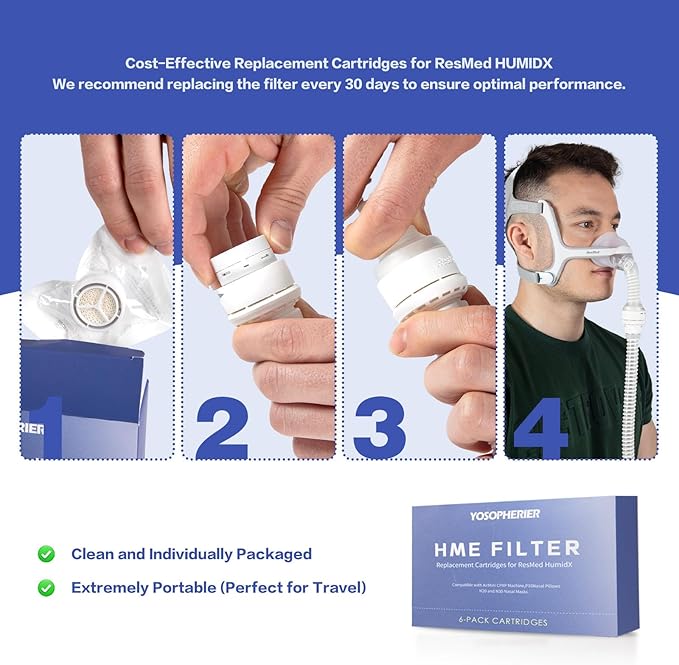 HME Filter, Replacement Cartridges for ResMed HumidX, Compatible with Airmini CPAP Machine & P10 Nasal Pillows, N20 and N30 Nasal Masks, 6-Pack Cartridges
