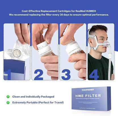 HME Filter, Replacement Cartridges for ResMed HumidX, Compatible with Airmini CPAP Machine & P10 Nasal Pillows, N20 and N30 Nasal Masks, 6-Pack Cartridges