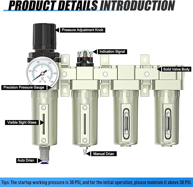 3/4" NPT Heavy Duty Industrial Grade 4 Stage Air Drying System,Auto Drain,Coalescing Filter,Particulate Filter,Double Desiccant Dryer and Air Regulator For Plasma Cutter and Paint Spray