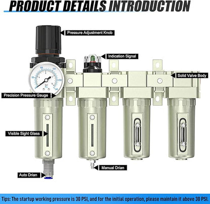 1/2" NPT Heavy Duty Industrial Grade 4 Stage Air Drying System,Auto Drain,Coalescing Filter,Particulate Filter,Double Desiccant Dryer and Air Regulator For Plasma Cutter and Paint Spray