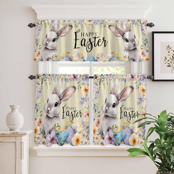 Happy Easter Kitchen Curtains Set 3 Piece for Windows,Rod Pocket Valance and Tier Set 36 Inch Length,Spring Grey Bunny Colorful Eggs Flower Brown Light Filtering Cafe Curtains for Living Room