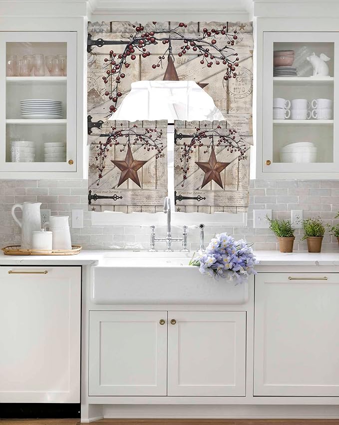 Village Stars Swag Kitchen Curtains Valance and Tier Set, Vintage Rust Yellow Star Berry Beige Barn Doors Light-Filtering Swag Valance 24 Inch Length, Rod Pocket Short Curtain for Bedroom Cafe
