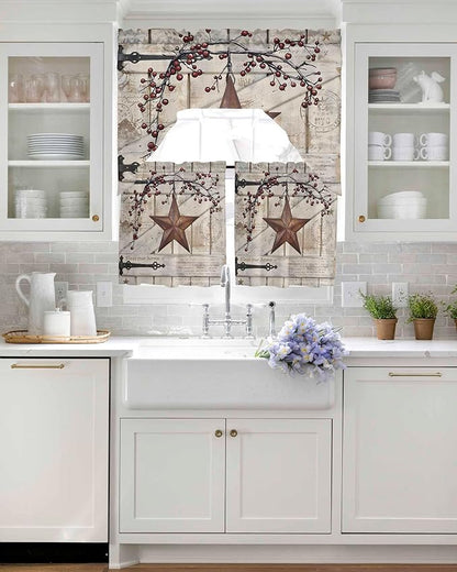 Village Stars Swag Kitchen Curtains Valance and Tier Set, Vintage Rust Yellow Star Berry Beige Barn Doors Light-Filtering Swag Valance 36 Inch Length, Rod Pocket Short Curtain for Bedroom Cafe
