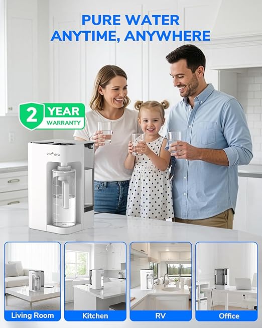 Ecoviva Mate 3 Countertop Reverse Osmosis Water Filter, 8-Stage RO Water Filtration System with 44oz Water Pitcher Smart Auto-Filling, 3:1 Pure to Drain, NSF Certified Tabletop Purifier, White