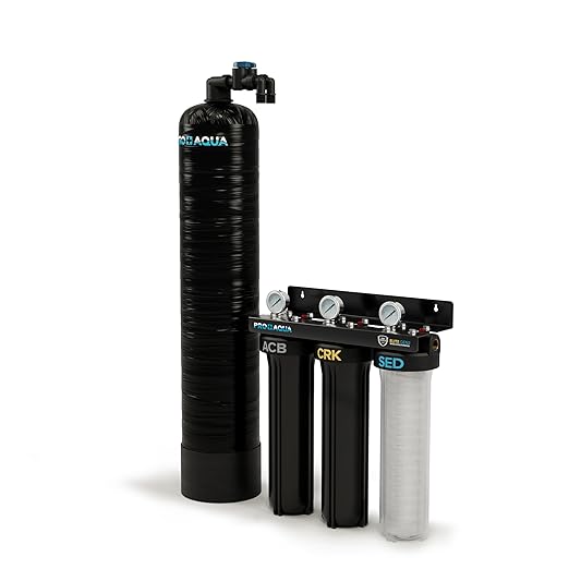 PRO+AQUA Elite Whole House Water Filter 3 Stage Well Water Filtration System w/Gauges, PR Button, 1” Ports, Filter Set (10 GPM Salt-Free Bundle)