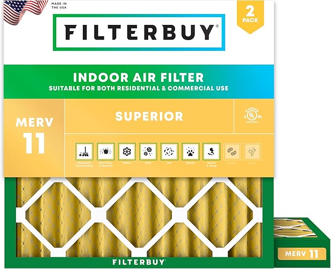 Filterbuy 25x25x2 Air Filter MERV 11 Superior Pet & Allergy Defense (2-Pack), Electrostatic Pleated HVAC AC Furnace Filters Replacement, Made in USA (Actual Size: 24.50 x 24.50 x 1.75)