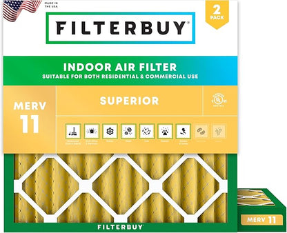 Filterbuy 25x25x2 Air Filter MERV 11 Superior Pet & Allergy Defense (2-Pack), Electrostatic Pleated HVAC AC Furnace Filters Replacement, Made in USA (Actual Size: 24.50 x 24.50 x 1.75)