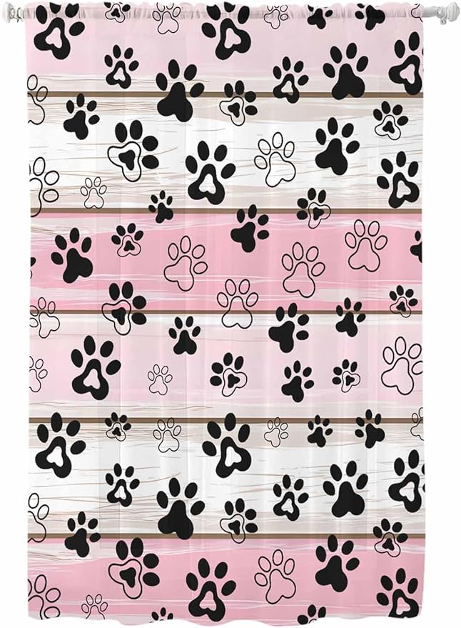 Sheer Curtains 63 Inch Length, Pink Beige Paw Print Semi Sheer Curtains Light Filtering Window Treatment, Vintage Farmhouse Country Wooden Grain Privacy Voile Drapes for Living Room Bedroom 52x63 Inch