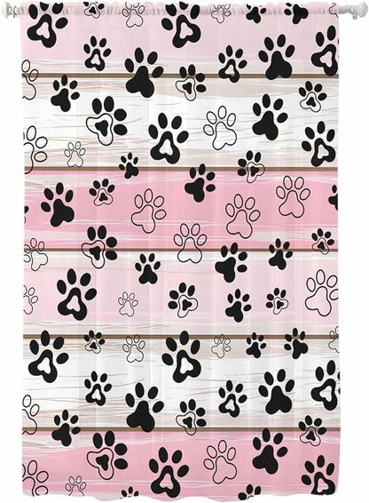 Sheer Curtains 63 Inch Length, Pink Beige Paw Print Semi Sheer Curtains Light Filtering Window Treatment, Vintage Farmhouse Country Wooden Grain Privacy Voile Drapes for Living Room Bedroom 52x63 Inch