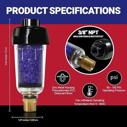 LEMATEC Compressed Air Dryer with Desiccant Filter System - Removes Oil, Water & Moisture for Pneumatic Tools, HVLP Paint Spray Guns - 150 PSI, 22 CFM Flow Rate - 1/4"