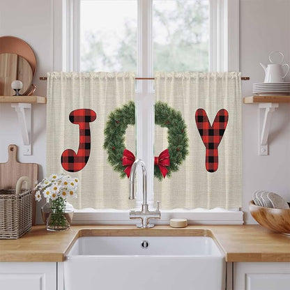 Red Green Christmas Kitchen Tier Curtains 45 Inch Long 2 Panel Set,Rod Pocket Short Window Treatment,Farmhouse Xmas Botanical Winter Curtains & Drapes for Bathroom Basement 27.5"W x 45"L