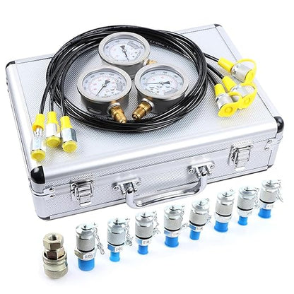 SINOCMP Hydraulic Pressure Test Kit with 3 Gauges 25/40/60 Mpa, 9 Couplings, 3 Test Hoses, Hydraulic Gauge Tester Set for Excavator Construction Machinery