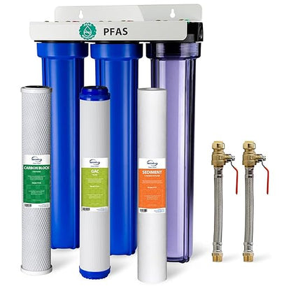 iSpring WCB32C-GAC+AHPF12MNPT12X2 3-Stage Whole House Water Filter System w/ 3/4'' Push-Fit Braided Stainless Steel Hose Connectors, Reduces Chloramine, PFAS, Chlorine, Sediments, 3/4" Inlet/Outlet