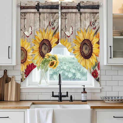 Sunflowers Swag Valances for Windows, Retro Flower Barn Doors Butterfly Farmhouse Brown Rod Pocket Kitchen Curtains Valance, Kitchen Window Curtains Swag for Cafe Living Room, 2 Panels, 36x45 inch