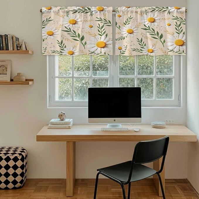 Spring Daisy Tier Curtains, Country Watercolor Flower Leaf Plant Light Filtering Kitchen Curtains, 2Pcs Rod Pocket Half Window Treatments Panels for Sink Cafe Cabinet Camper 27.5x24 Inches