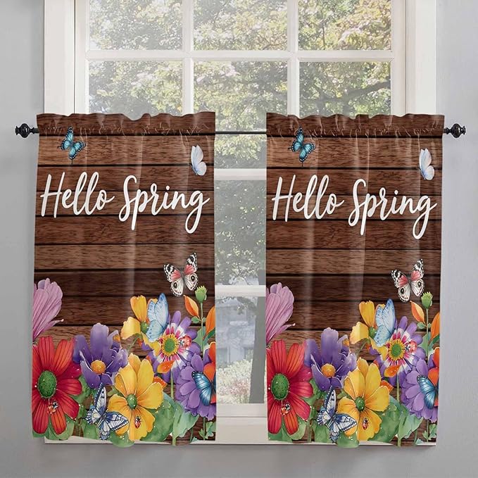 Spring Flowers Tier Curtains 45 Inches Long, Watercolor Farmhouse Colorful Wooden Grain Window Treatment Curtain Drapes, Small Curtain Drapes for Bathroom Laundry Room, 27.5"x45", 2 Panels