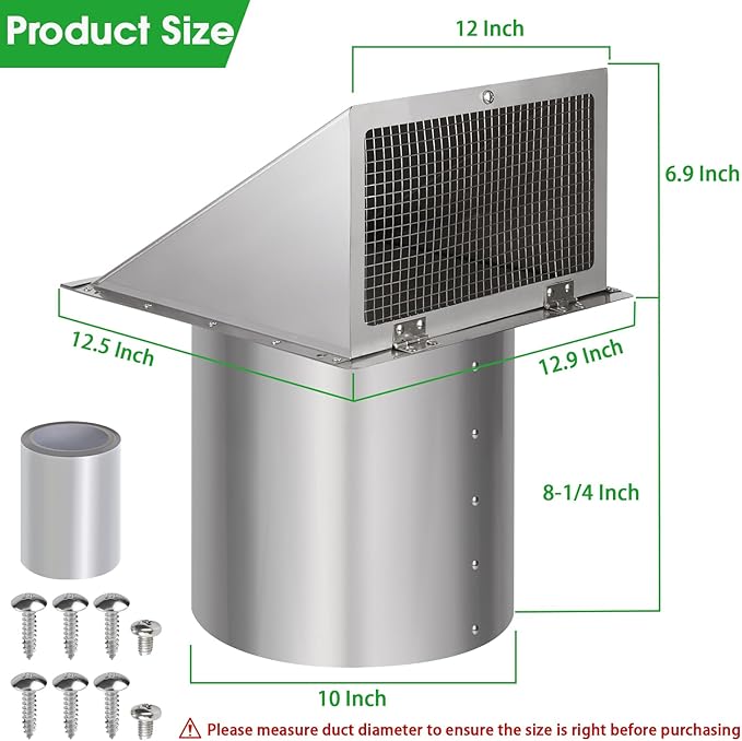 10 Inch Wall Vent Exhaust Vent Cover,Hooded Wall Vent with Screen and Damper,Outdoor Wall Exhaust Vent Cap Exterior Air Vent Cover for Kitchen Range Hood HVAC Duct Dryer Ventilation, Stainless Steel