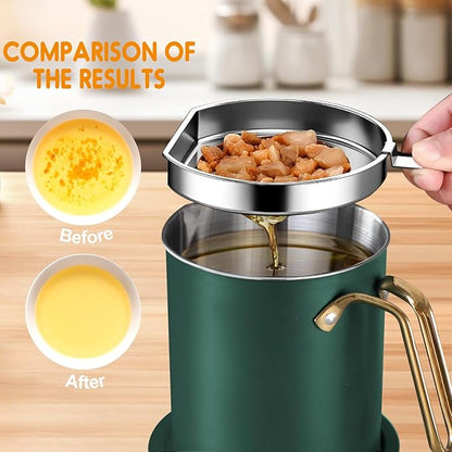 Chihee Stainless Steel Bacon Grease Saver with Fine Mesh Strainer, 2L / 67.6 fl oz, Non-slip Tray