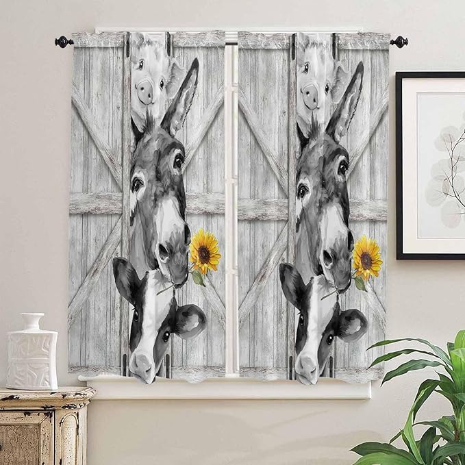 Grey Farmhouse Bedroom Curtains 63 Inches Length, Vintage Sunflowers Animals Printed Window Treatment Curtain Drapes, Rod Pocket Curtain Panels for Living Room Kitchen, 42"x63", 2 Panels
