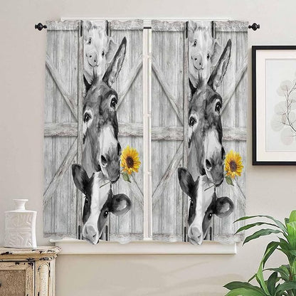 Grey Farmhouse Bedroom Curtains 63 Inches Length, Vintage Sunflowers Animals Printed Window Treatment Curtain Drapes, Rod Pocket Curtain Panels for Living Room Kitchen, 42"x63", 2 Panels