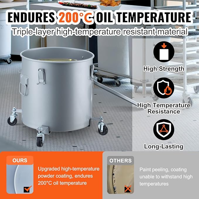 VEVOR Fryer Grease Bucket, 8 Gal Oil Disposal Caddy with Caster Base, Carbon Steel with Rust-Proof Coating, Oil Transport Container with Lid, Lock Clips, Filter Bag for Hot Cooking Oil Filtering