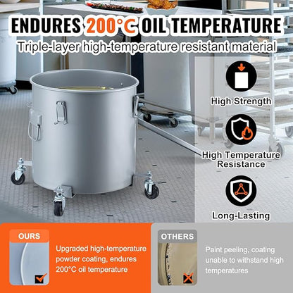VEVOR Fryer Grease Bucket, 8 Gal Oil Disposal Caddy with Caster Base, Carbon Steel with Rust-Proof Coating, Oil Transport Container with Lid, Lock Clips, Filter Bag for Hot Cooking Oil Filtering