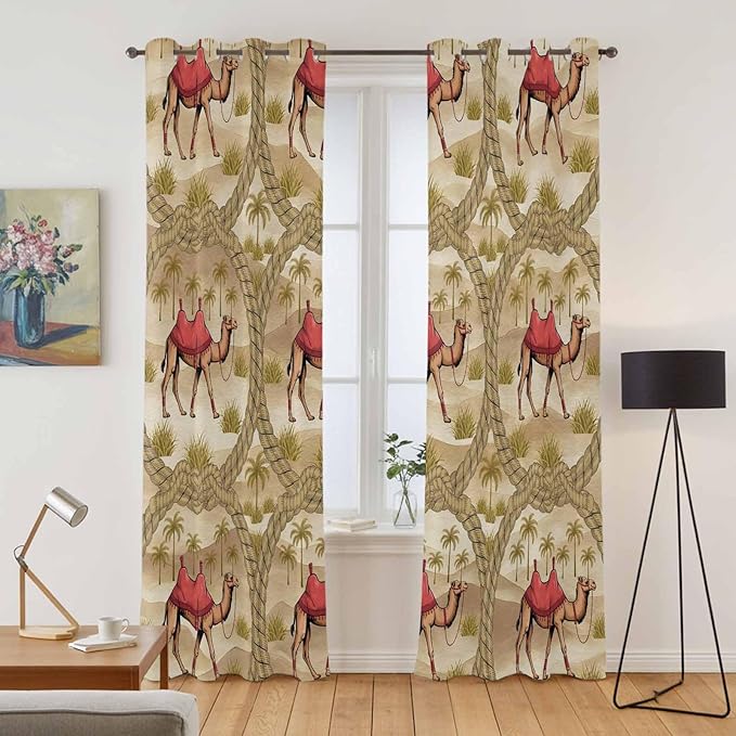 2 Panel Kitchen Cafe Curtains, Desert Camels Sunlight Filtering Nature Air Through, Home Decor Window Covering Tier Curtains for Living Room 104W x 96L inch Tropical Palm Trees Sand Cords Brown