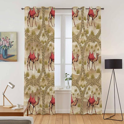 2 Panel Kitchen Cafe Curtains, Desert Camels Sunlight Filtering Nature Air Through, Home Decor Window Covering Tier Curtains for Living Room 104W x 96L inch Tropical Palm Trees Sand Cords Brown