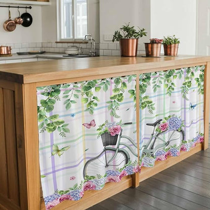 Spring Tier Curtains, Bicycles Botanical Leaves Rose Colorful Stripes Light Filtering Kitchen Curtains, 2Pcs Rod Pocket Half Window Treatments Panels for Sink Cafe Cabinet Camper 27.5x36 Inches