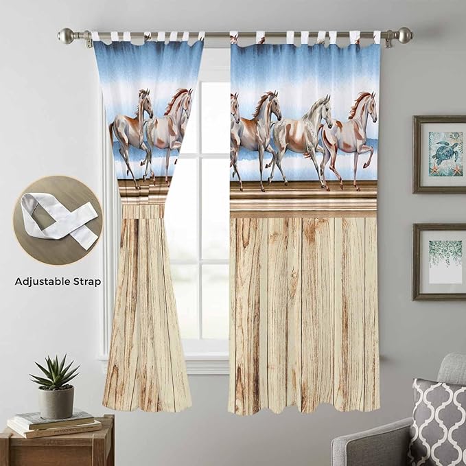 Western Horse Living Room Curtains 96 Inch Length, Window Curtains Tab Top, Farmhouse Wooden Grain Vintage Cowboy Barn Door Light Filtering Window Treatments Drapes 52"x96" 2 Panel