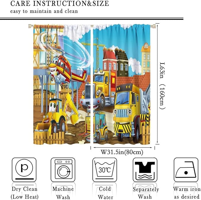Kids Cartoon Construction Window Curtains, Funny Construction Site Cars and Helicopter Rod Pocket Decorative Windows Curtain for Children Teens Room Decor 63x63in (30% Blackout)