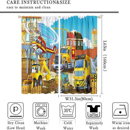 Kids Cartoon Construction Window Curtains, Funny Construction Site Cars and Helicopter Rod Pocket Decorative Windows Curtain for Children Teens Room Decor 63x63in (30% Blackout)